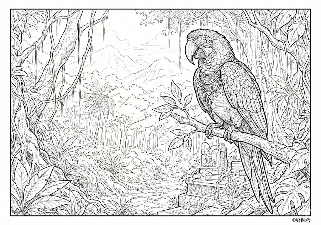 高齢者向け無料塗り絵：緻密に描かれたオウム（芸術家・A4印刷用）