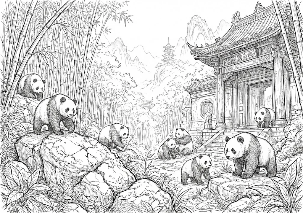 高齢者向け無料塗り絵：竹林で寛ぐパンダ（上級・A4印刷用）