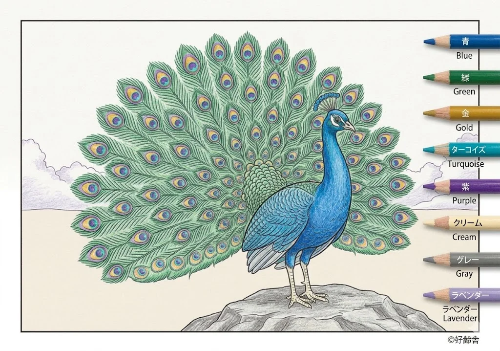 クジャクの塗り絵 完成見本（彩色の見本）
