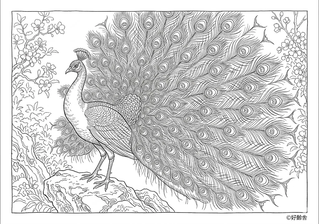 高齢者向け無料塗り絵：クジャク（芸術家・A4印刷用）