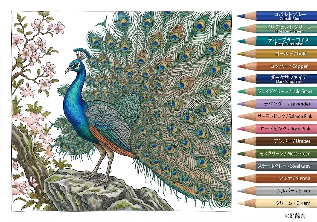 クジャクの塗り絵 完成見本（彩色の見本）