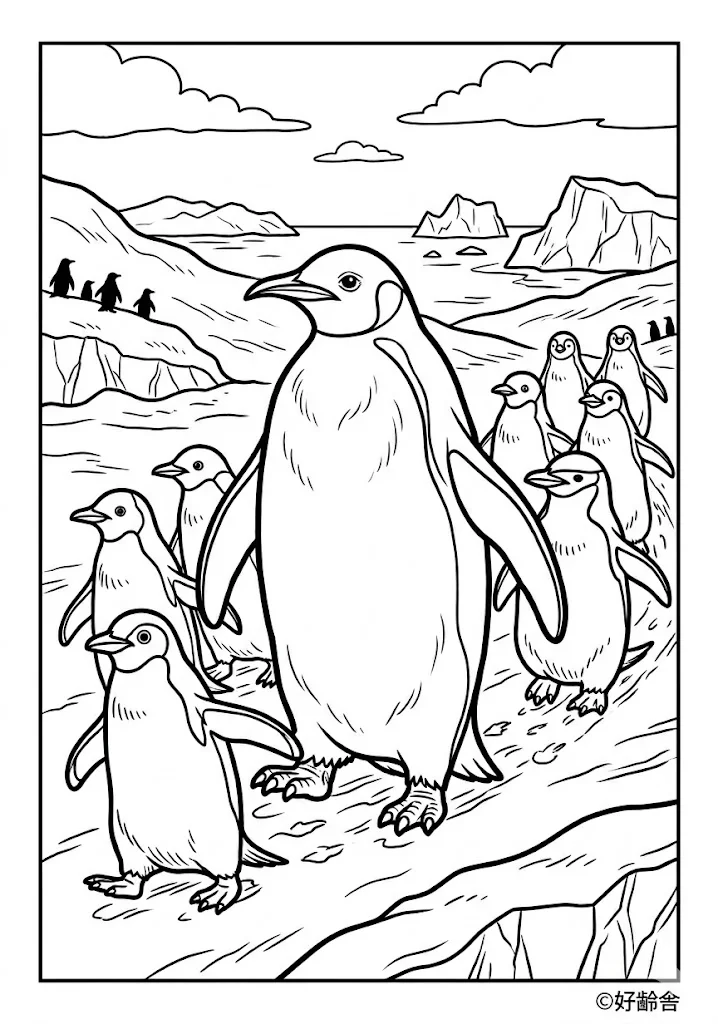 高齢者向け無料塗り絵：ペンギン（上級・A4印刷用）
