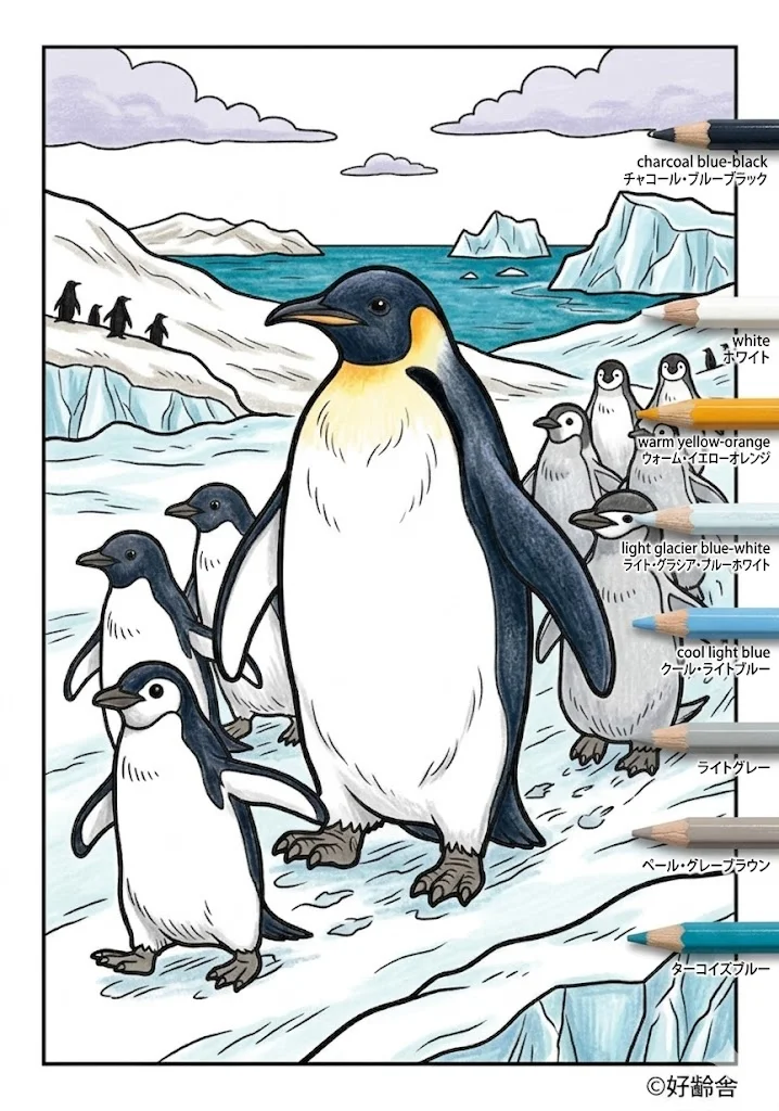 ペンギンの塗り絵 完成見本（彩色の見本）