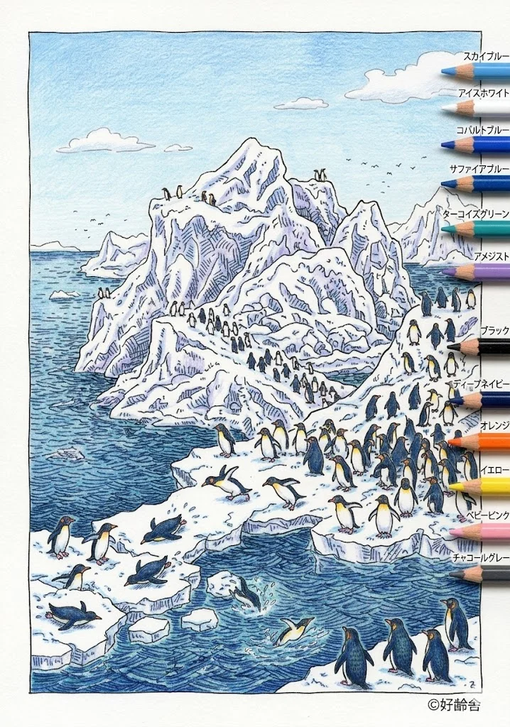 ペンギンの塗り絵 完成見本（彩色の見本）