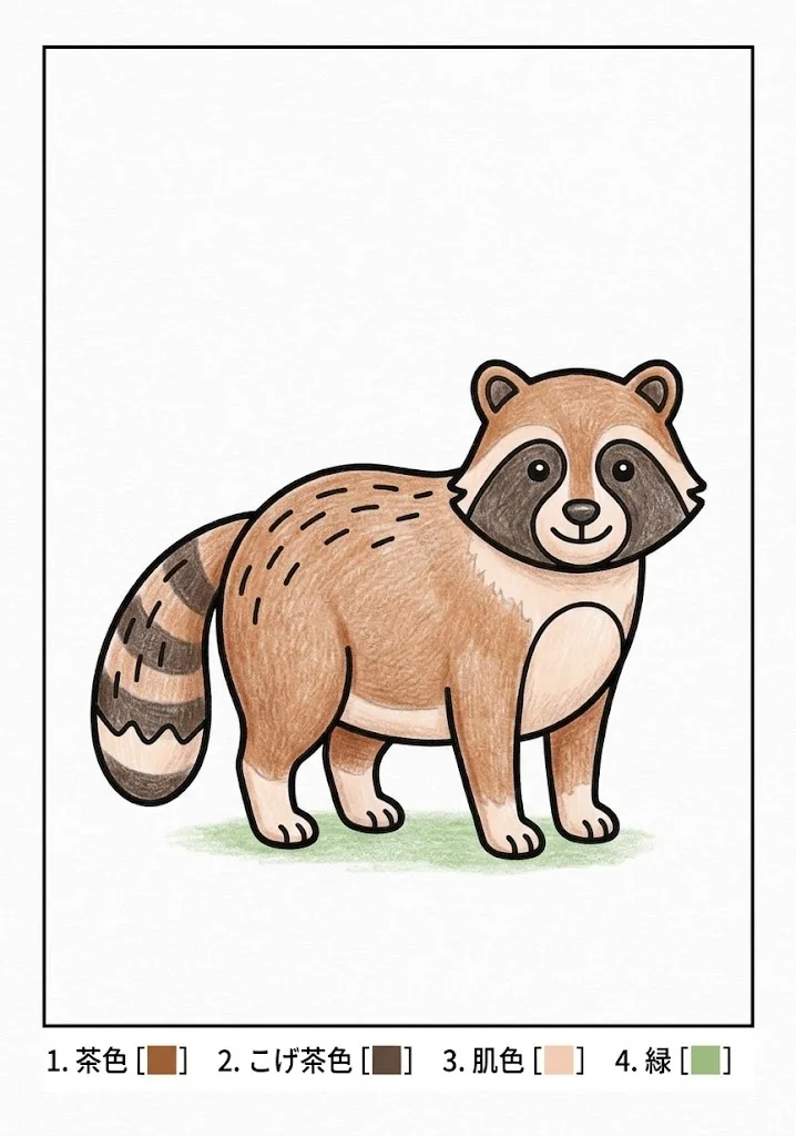 タヌキの塗り絵 完成見本（彩色の見本）