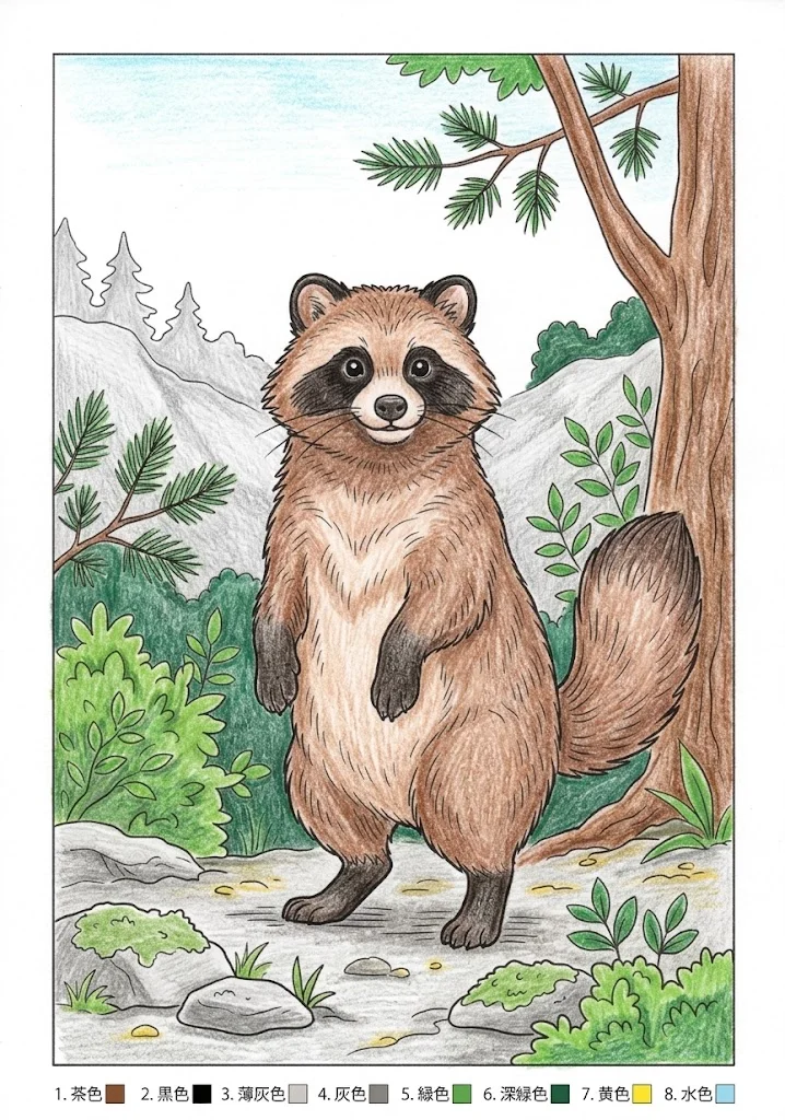 タヌキの塗り絵 完成見本（彩色の見本）