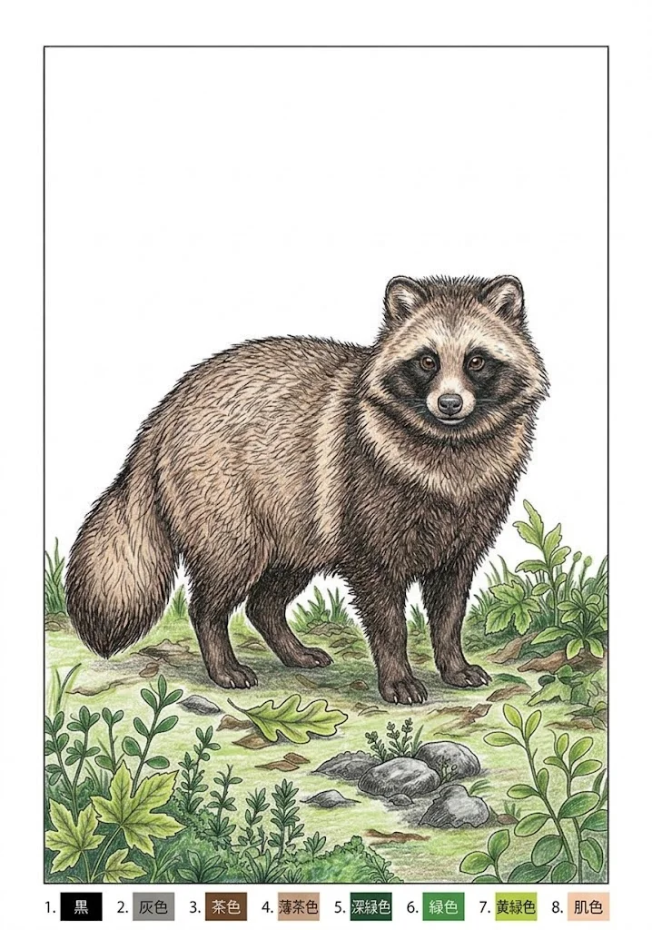 タヌキの塗り絵 完成見本（彩色の見本）