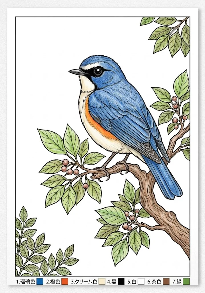 ルリビタキの塗り絵 完成見本（彩色の見本）