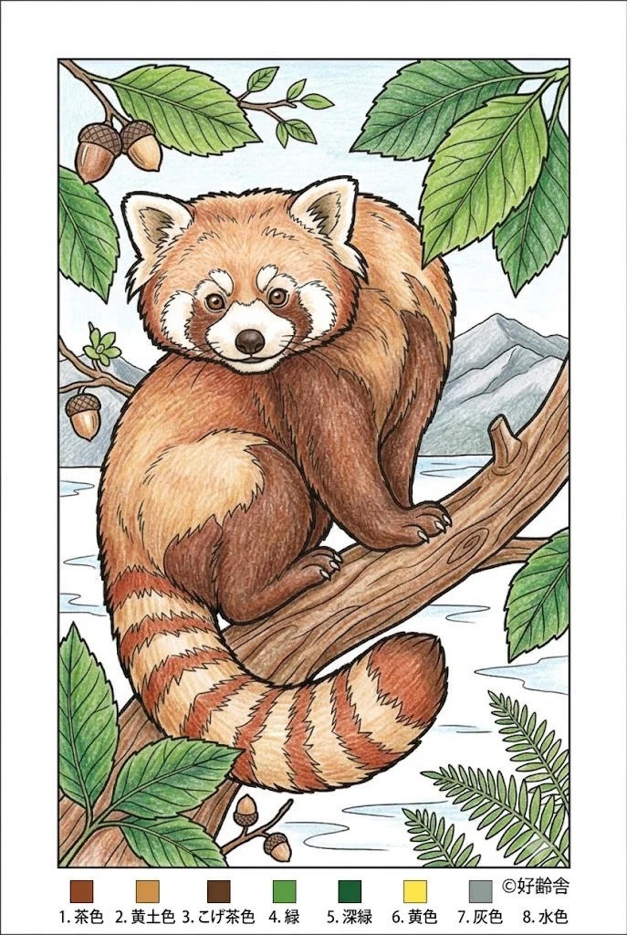 レッサーパンダの塗り絵 完成見本（彩色の見本）