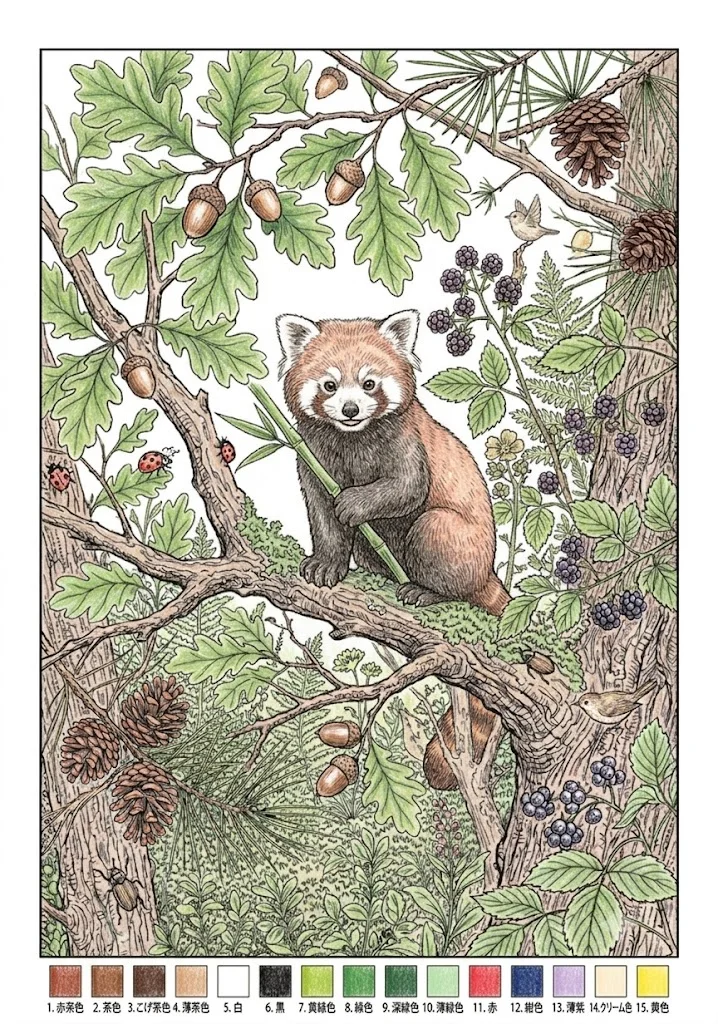 レッサーパンダの塗り絵 完成見本（彩色の見本）