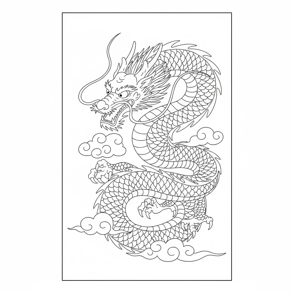 高齢者向け無料塗り絵：宝珠を持つ龍（中級・A4印刷用）