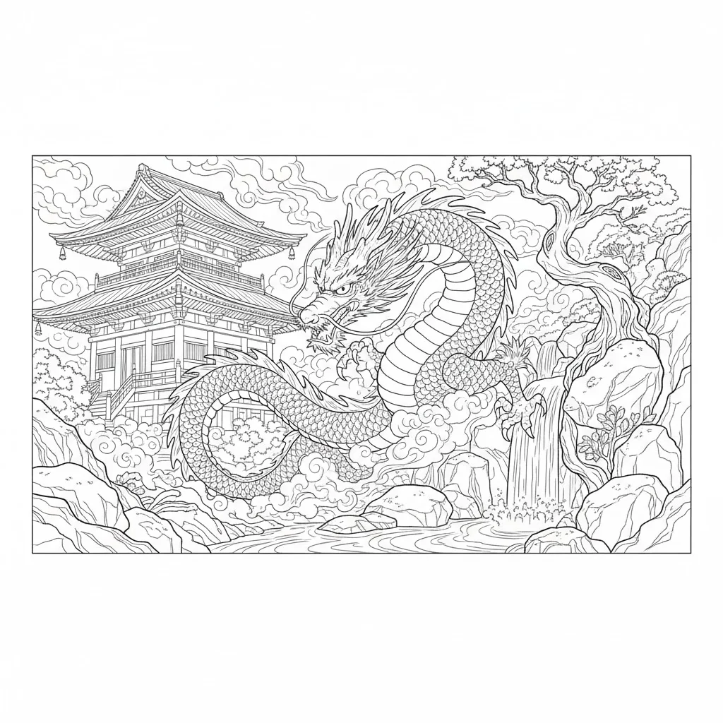 高齢者向け無料塗り絵：雲の間を飛ぶ龍（上級・A4印刷用）