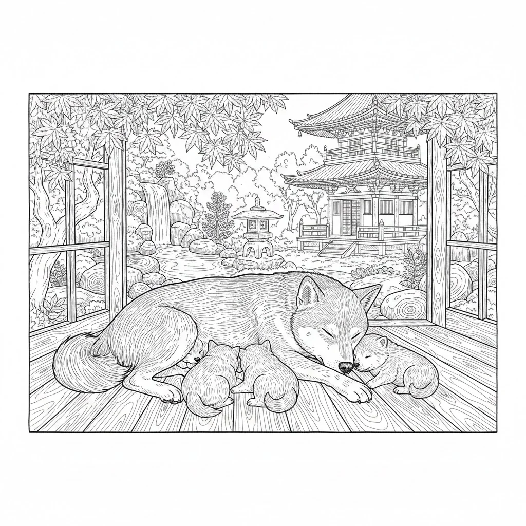 高齢者向け無料塗り絵：かわいい親子の柴犬（上級・A4印刷用）