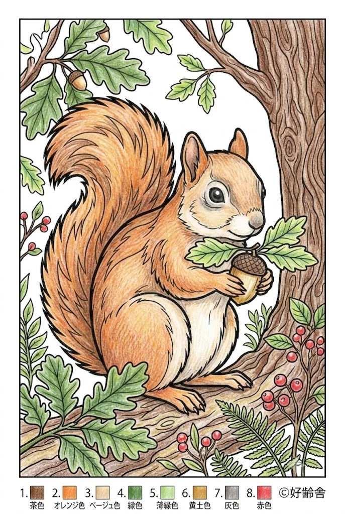 リスの塗り絵 完成見本（彩色の見本）