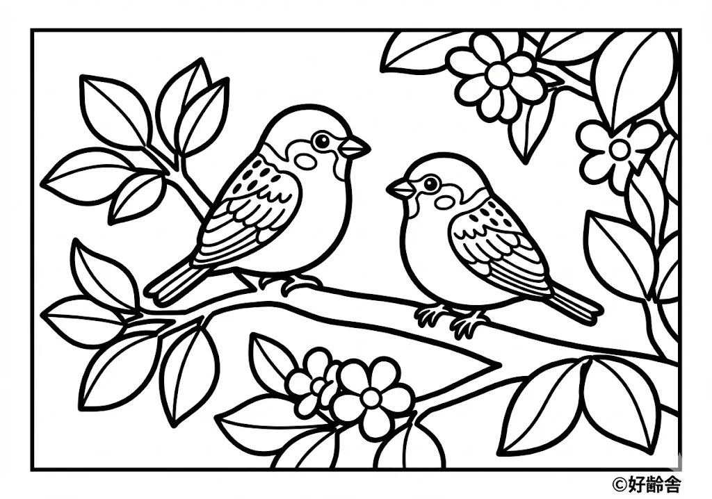 高齢者向け無料塗り絵：愛らしい姿のすずめ（初級・A4印刷用）