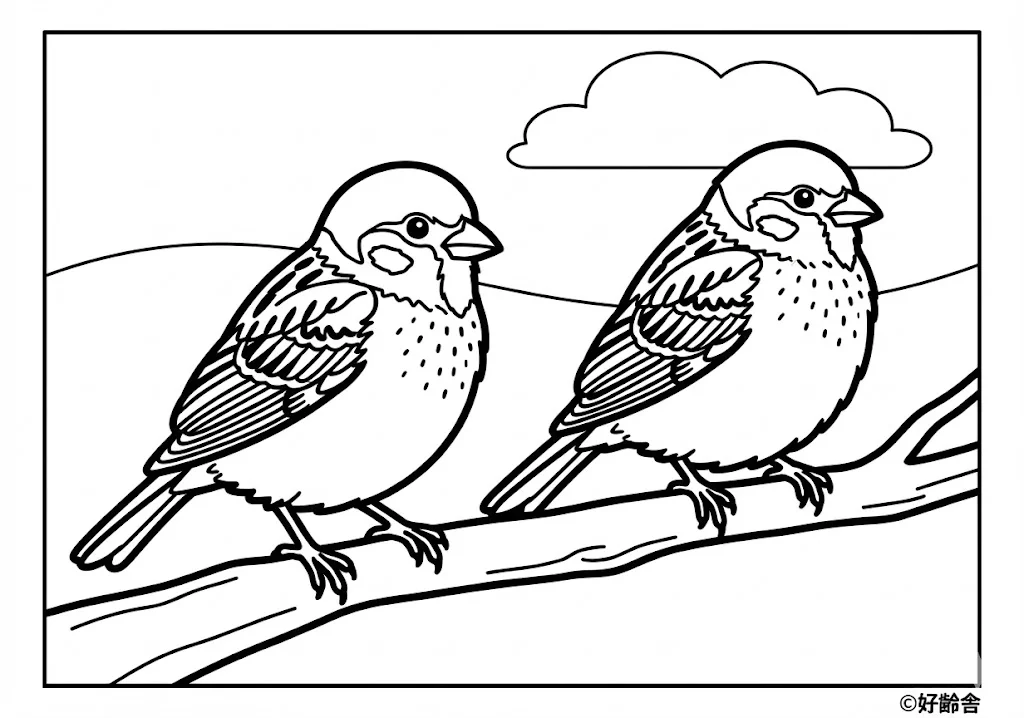 高齢者向け無料塗り絵：稲穂にとまるすずめ（中級・A4印刷用）