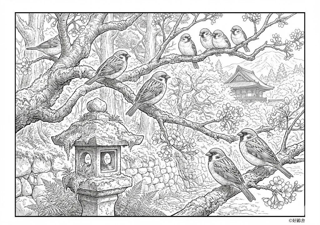 高齢者向け無料塗り絵：写実的なすずめ（芸術家・A4印刷用）