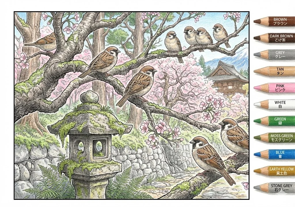 すずめの塗り絵 完成見本（彩色の見本）