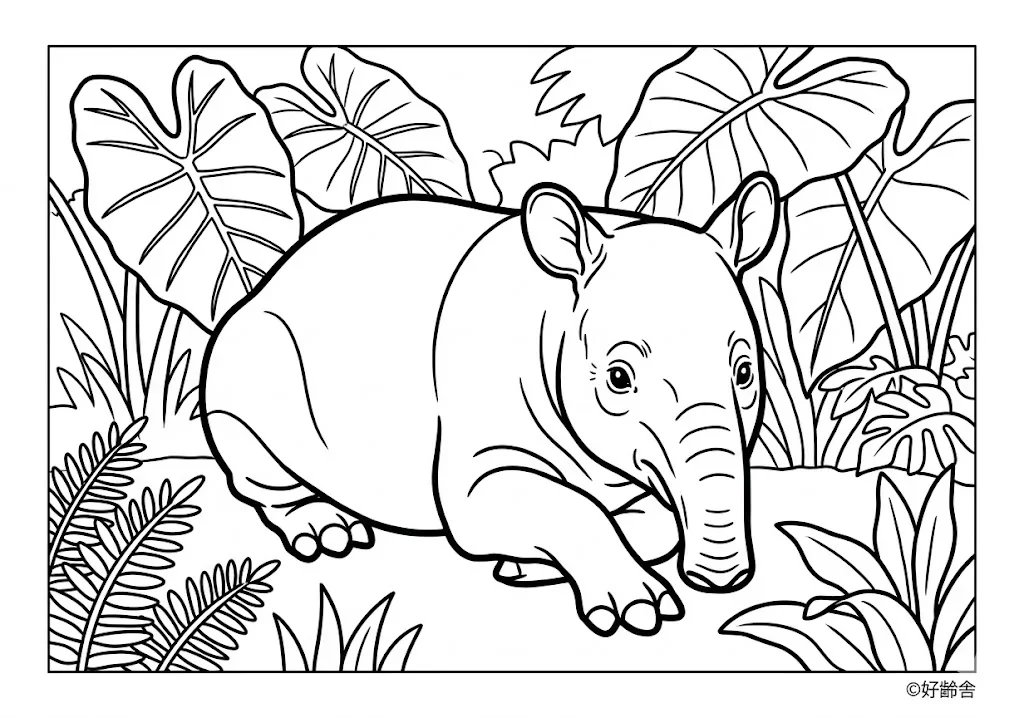 高齢者向け無料塗り絵：水辺のバク（中級・A4印刷用）