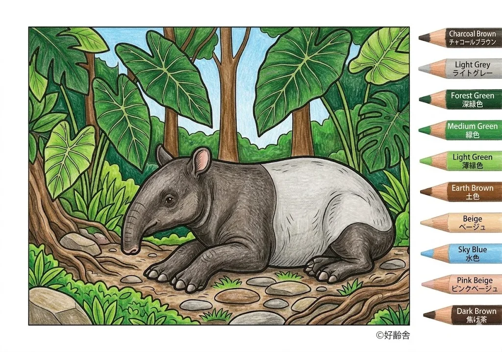 バクの塗り絵 完成見本（彩色の見本）