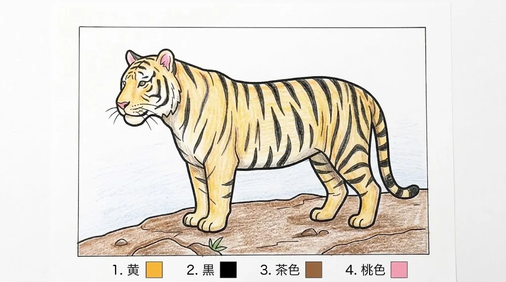トラの塗り絵 完成見本（彩色の見本）