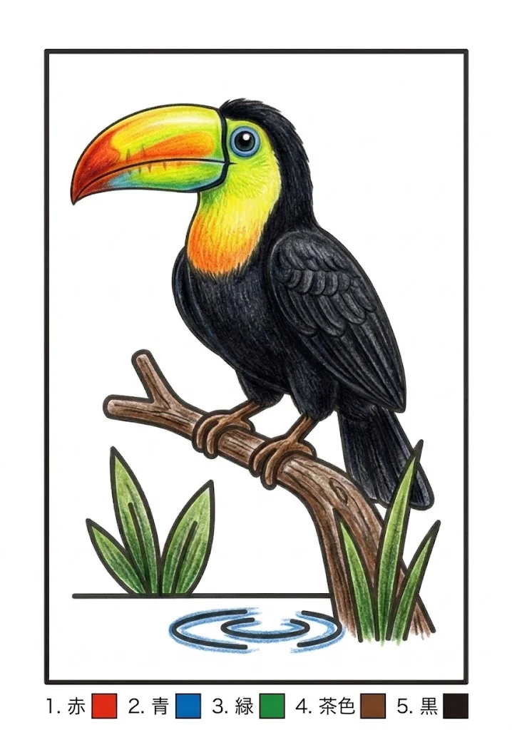 オオハシの塗り絵 完成見本（彩色の見本）