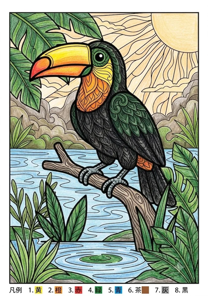 オオハシの塗り絵 完成見本（彩色の見本）