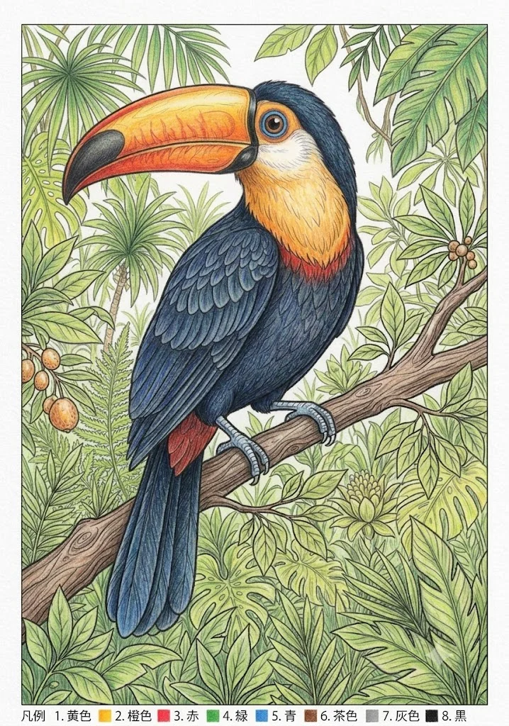 オオハシの塗り絵 完成見本（彩色の見本）