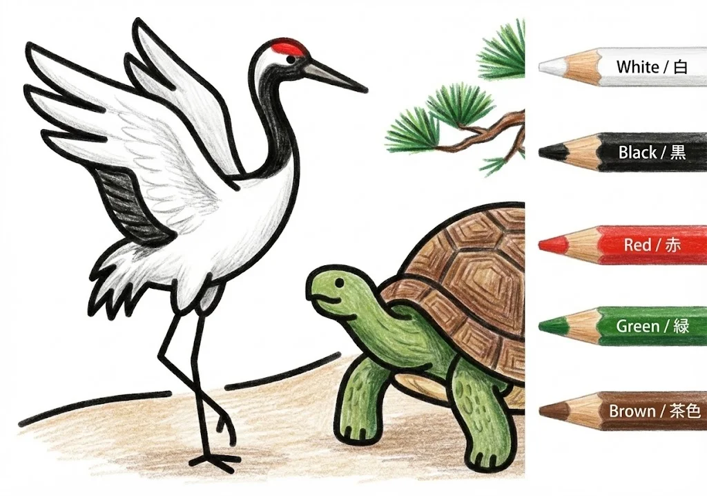 鶴と亀の塗り絵 完成見本（彩色の見本）