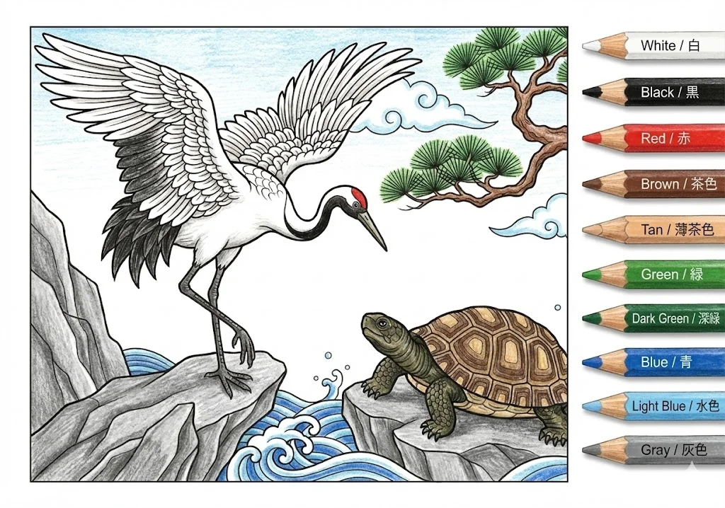 鶴と亀の塗り絵 完成見本（彩色の見本）