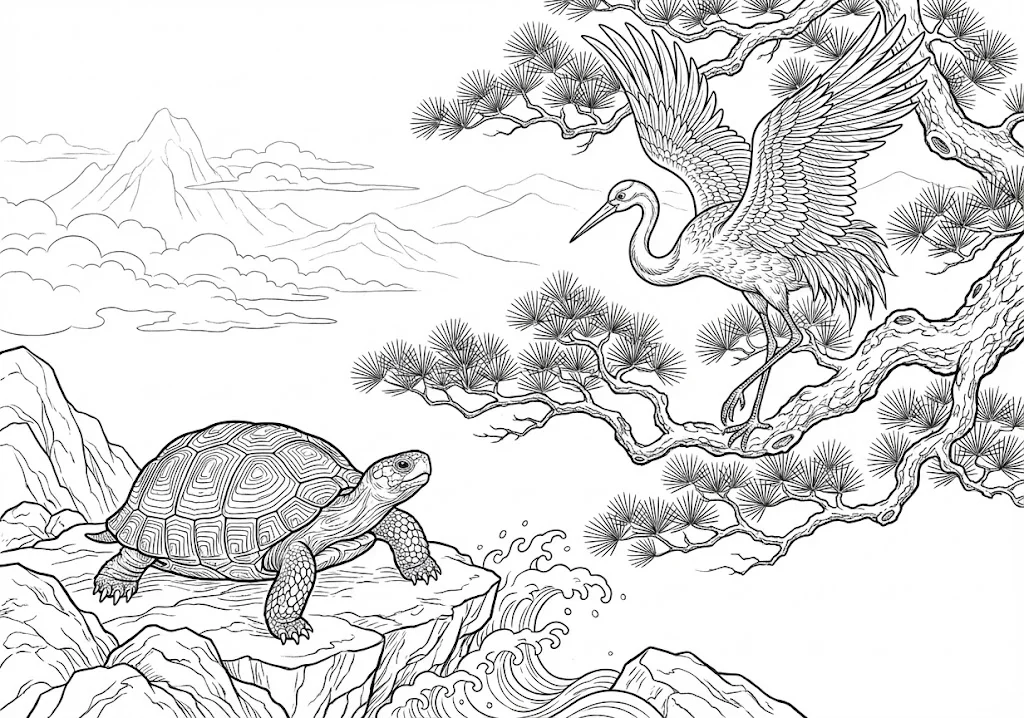 高齢者向け無料塗り絵：鶴の羽ばたきと亀（上級・A4印刷用）