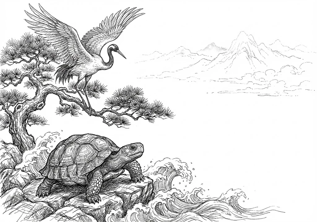高齢者向け無料塗り絵：日本画のような鶴亀（芸術家・A4印刷用）