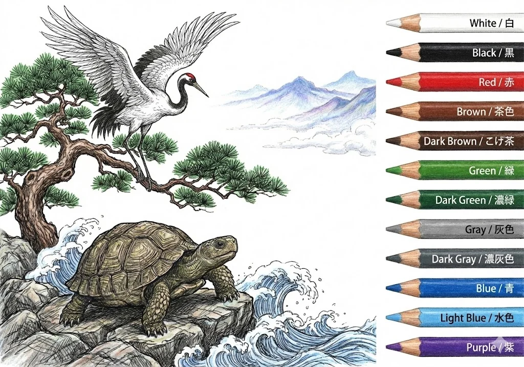 鶴と亀の塗り絵 完成見本（彩色の見本）