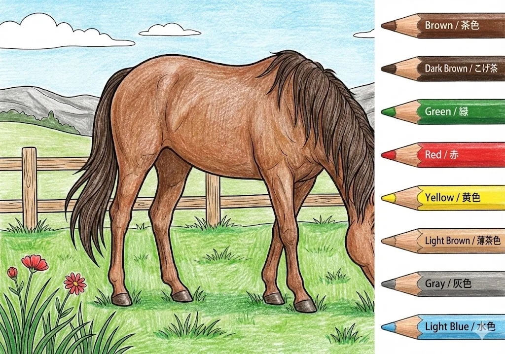 馬（うま）の塗り絵 完成見本（彩色の見本）