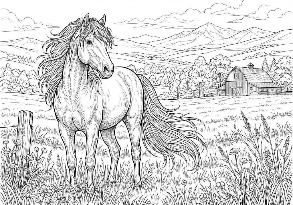 高齢者向け無料塗り絵：走る馬の筋肉（上級・A4印刷用）