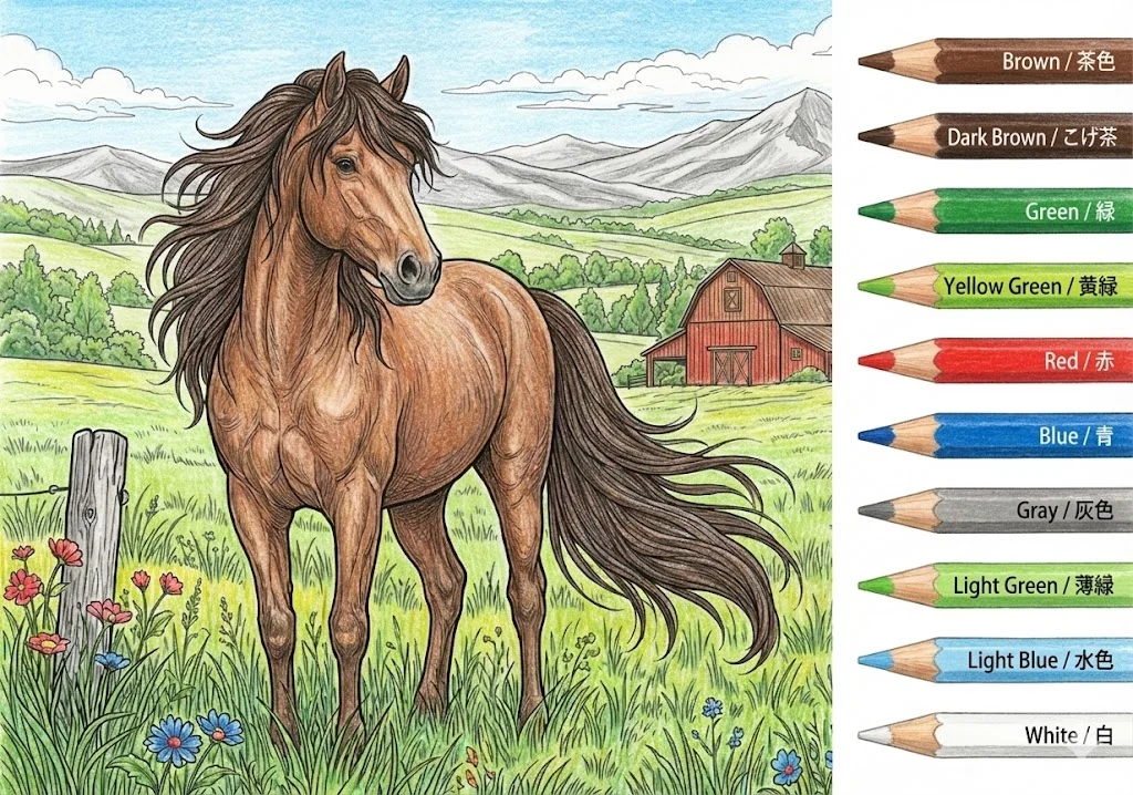 馬（うま）の塗り絵 完成見本（彩色的見本）