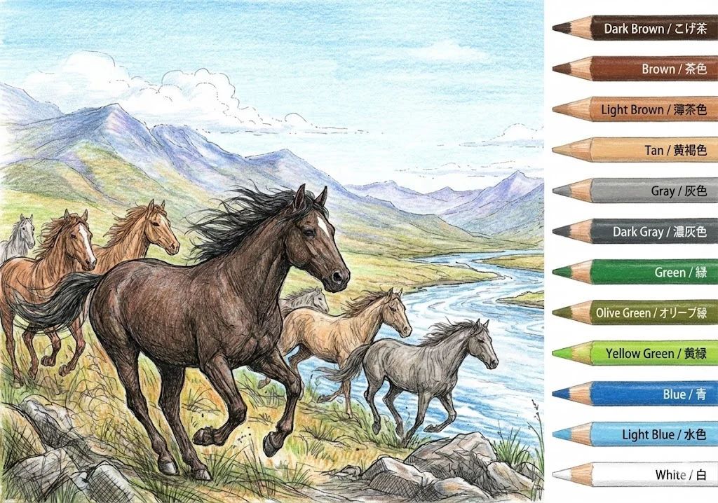 馬（うま）の塗り絵 完成見本（彩色の見本）