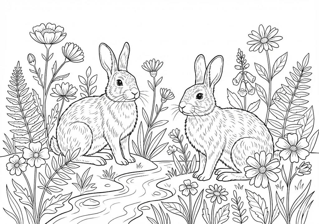 高齢者向け無料塗り絵：野原のウサギ（中級・A4印刷用）