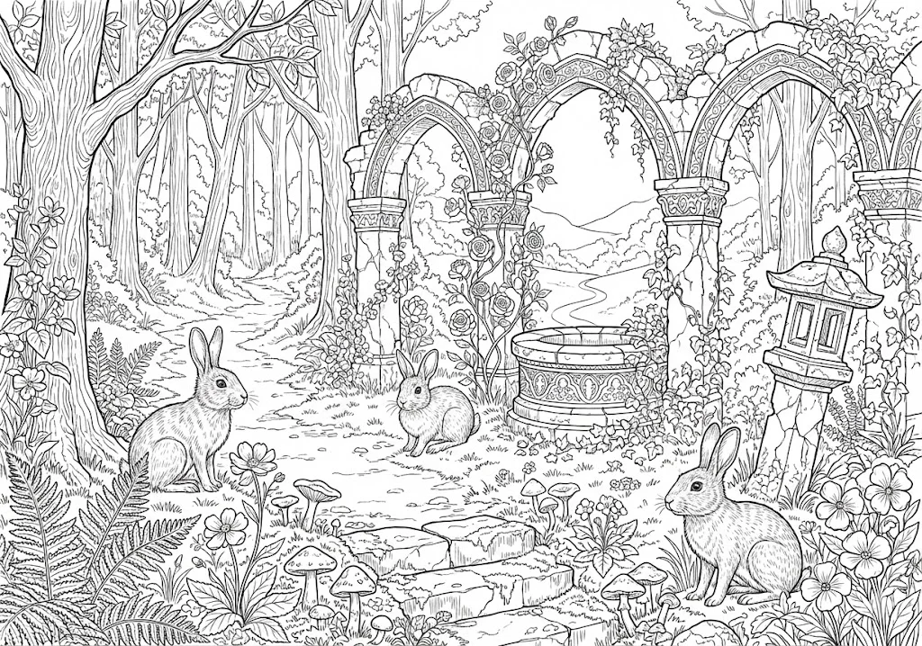 高齢者向け無料塗り絵：ふわふわ冬毛のうさぎ（上級・A4印刷用）