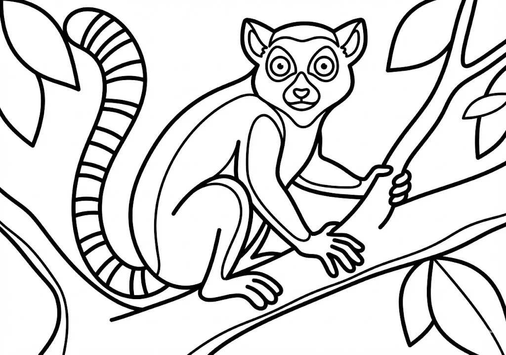 高齢者向け無料塗り絵：しましま尻尾のキツネザル（初級・A4印刷用）