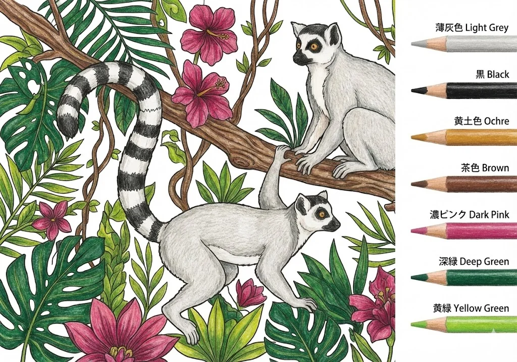 ワオキツネザルの塗り絵 完成見本（彩色の見本）