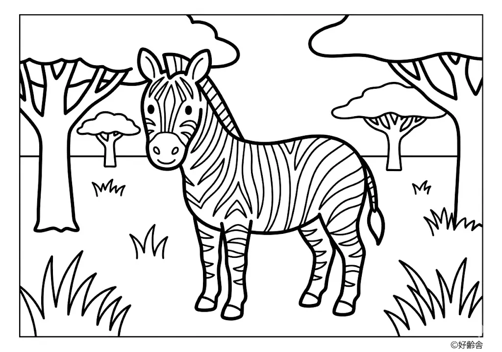 高齢者向け無料塗り絵：特徴的な模様が美しいシマウマ（初級・A4印刷用）