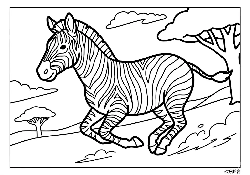 高齢者向け無料塗り絵：特徴的な模様が美しいシマウマ（中級・A4印刷用）