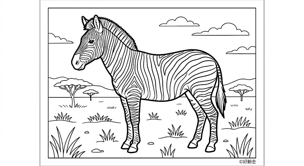 高齢者向け無料塗り絵：特徴的な模様が美しいシマウマ（上級・A4印刷用）