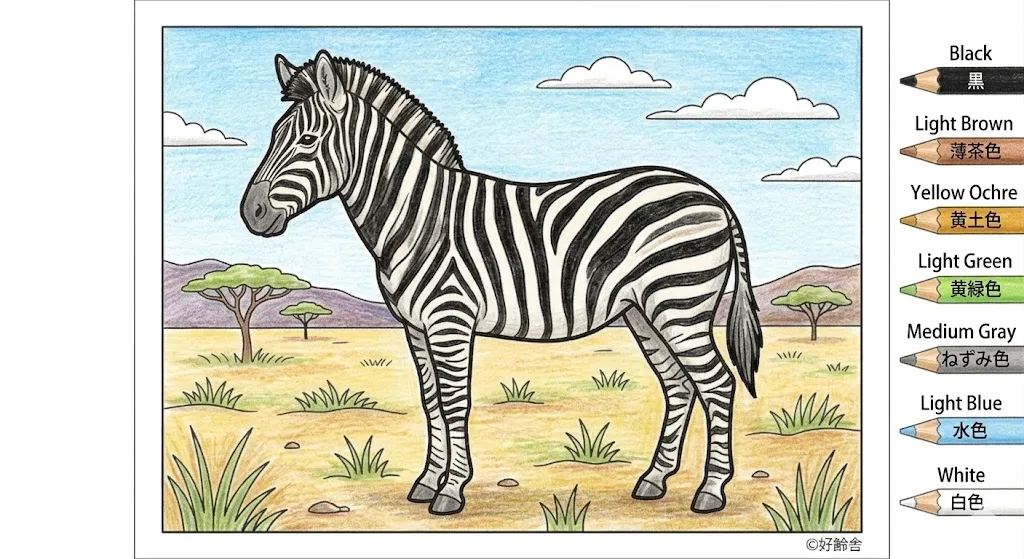 シマウマの塗り絵 完成見本（彩色の見本）