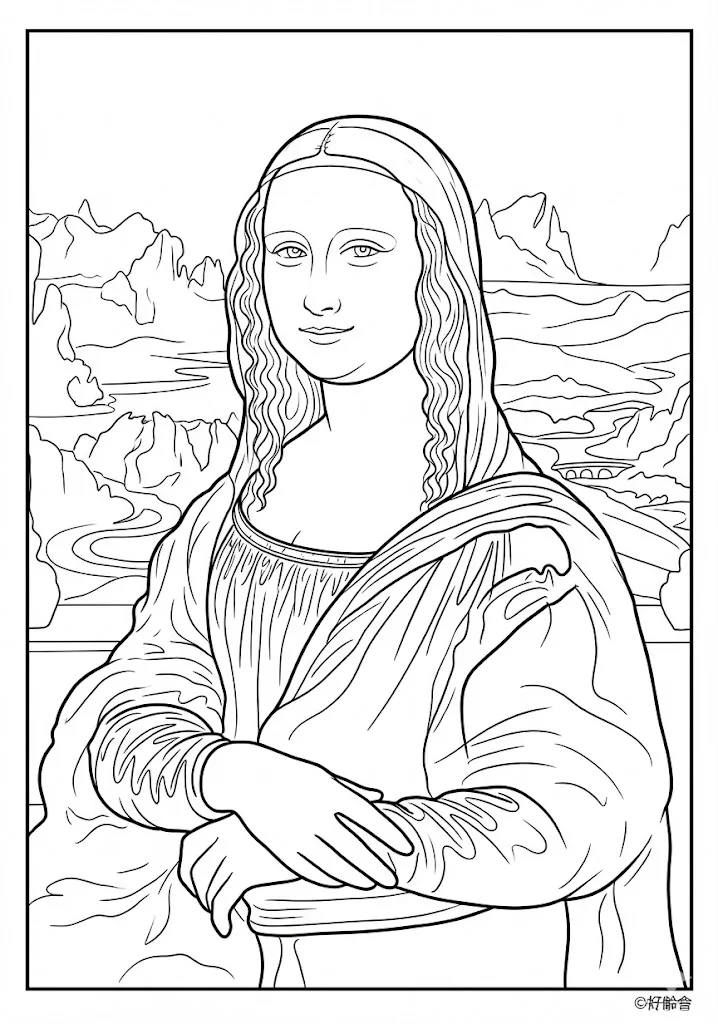 高齢者向け無料塗り絵：世界の名画 モナ・リザ（ダ・ヴィンチ作）神秘的な微笑みの肖像画（脳トレ・A4印刷用）