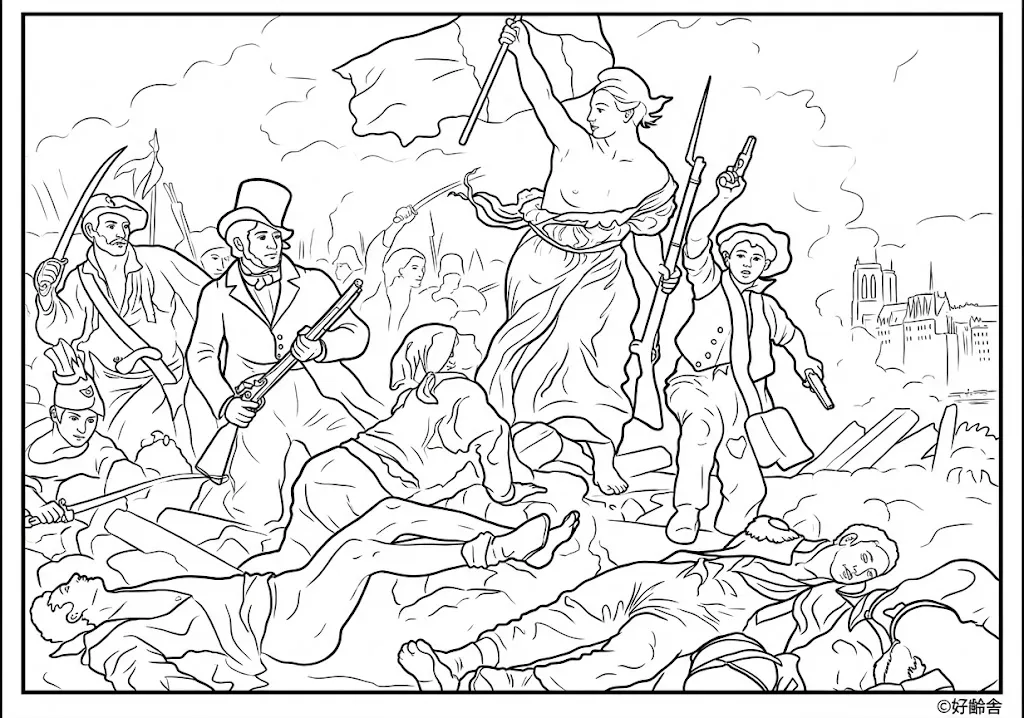 高齢者向け無料塗り絵：世界の名画 民衆を導く自由の女神（ドラクロワ作）力強い構図の大作（脳トレ・A4印刷用）