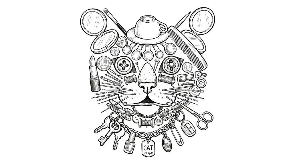 高齢者向け無料塗り絵：Junk Animals CAT（裁縫道具などの日用品で描いた猫・脳トレ・A4印刷用）