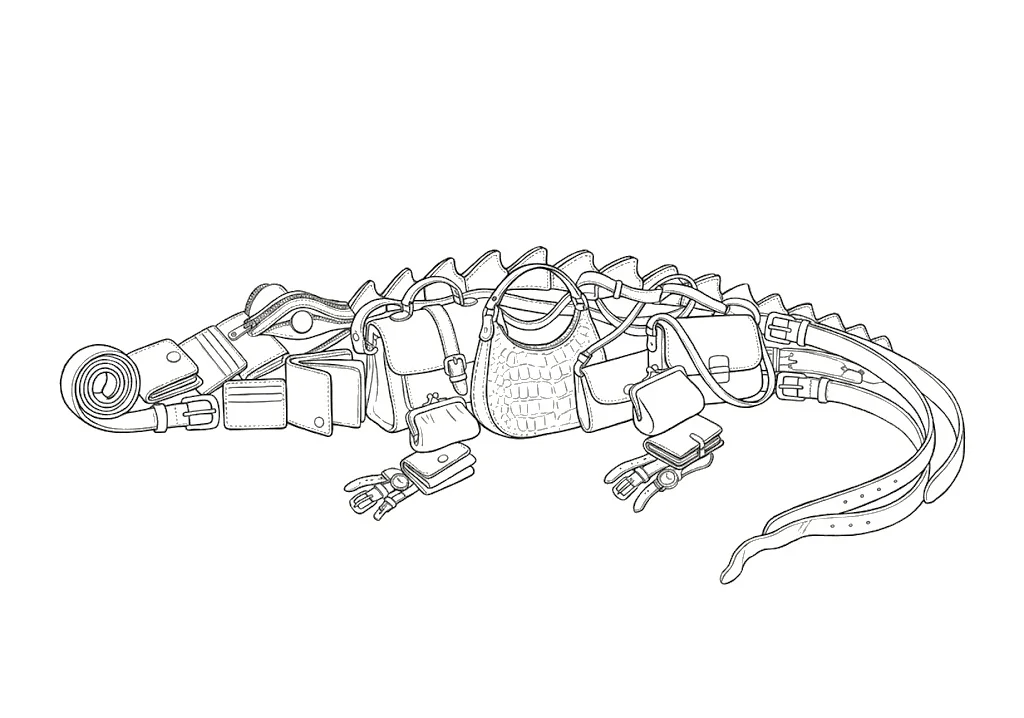 高齢者向け無料塗り絵：Junk Animals CROCODILE（バッグやベルトなど革製品で描いたワニ・脳トレ・A4印刷用）