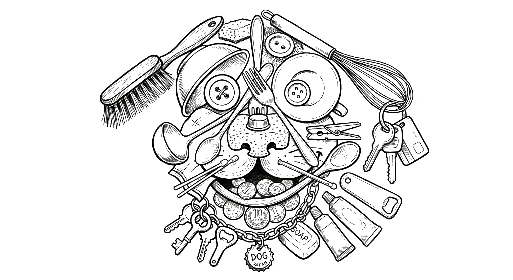 高齢者向け無料塗り絵：Junk Animals DOG（ブラシや鍵などの日用品で描いた犬・脳トレ・A4印刷用）